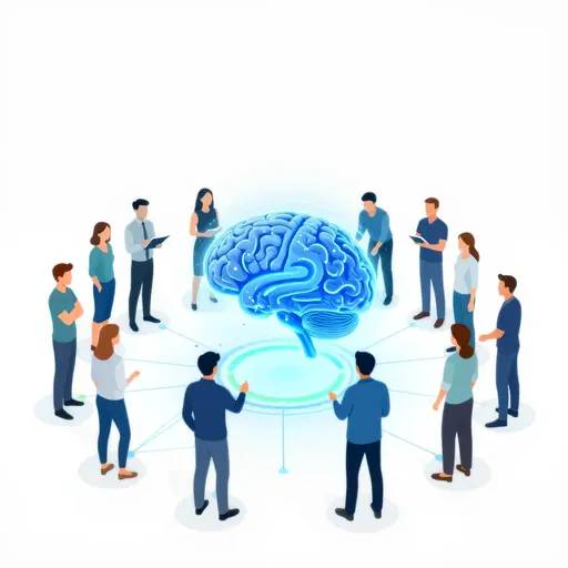 Menschen versammelt um eine KI-Visualisierung, das KI-Syndikat verbindet Community, Wissen und Umsetzung